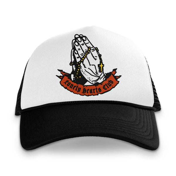 Lonely Hearts God Save Us Trucker Hat (Black-White-Black)