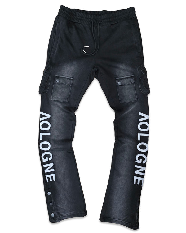 AOLOGNE STAND ALONE WASH STACKED CARGO JOGGERS (BLACK WASH)