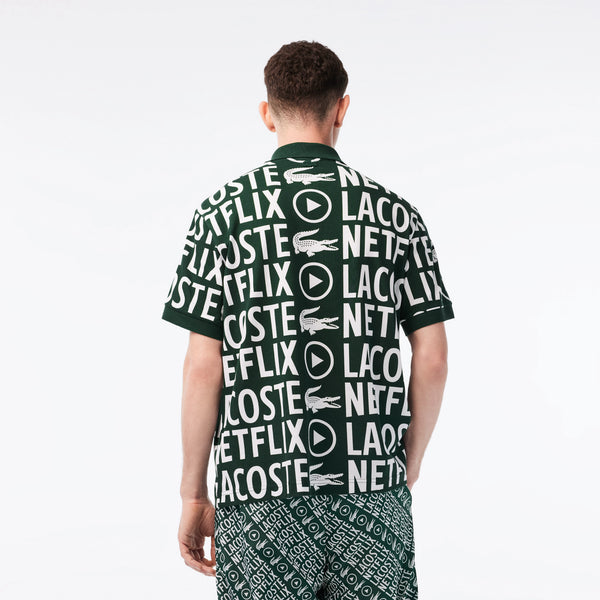 Lacoste Men’s Lacoste x Netflix Loose Fit Organic Cotton Print Polo (Green/White)