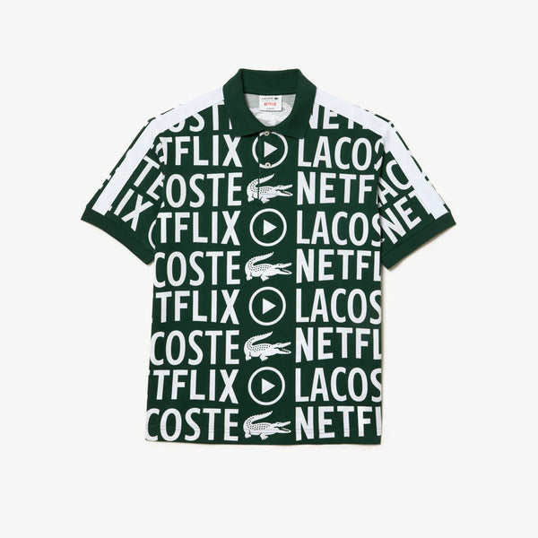 Lacoste Men’s Lacoste x Netflix Loose Fit Organic Cotton Print Polo (Green/White)