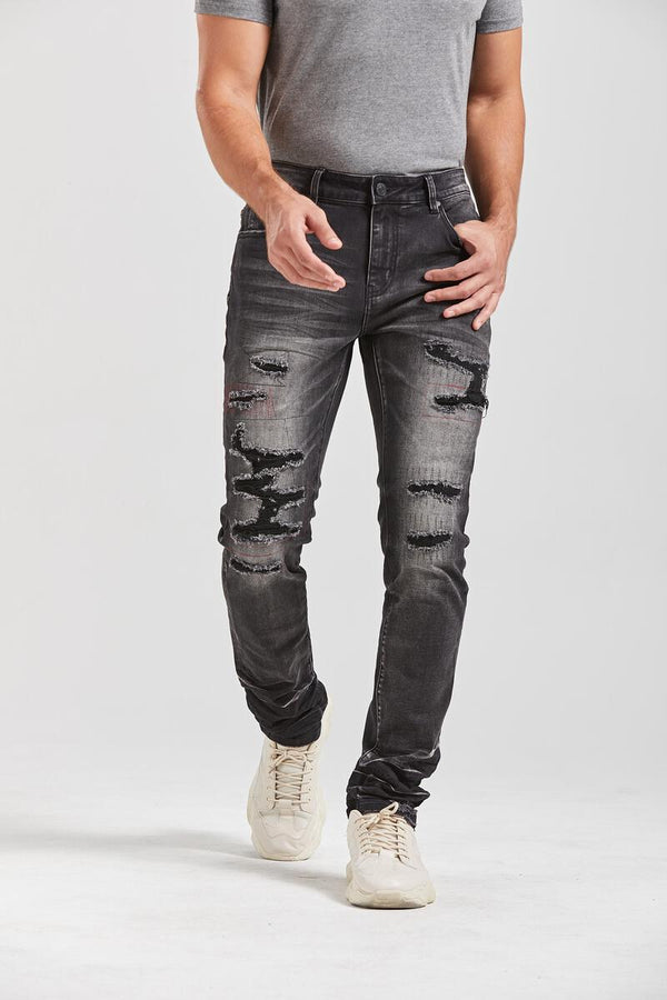 Foreign Local STITCHED RIPS AND REPAIR SLIM SKINNY JEAN (BLACK)