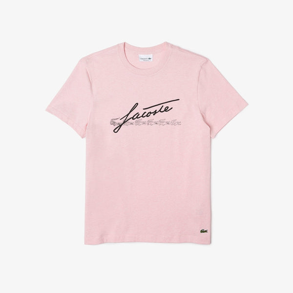 Lacoste Men's Signature And Crocodile Print Crew Neck Cotton T-Shirt (Pink)