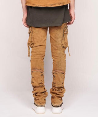 Pheelings NEVER LOOK BACK CARGO FLARE STACK DENIM (DARK RUST KHAKI)