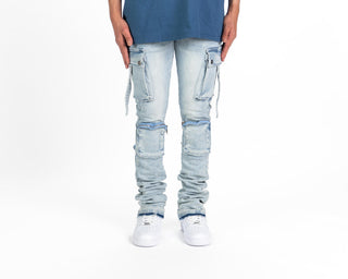 Pheelings NEVER LOOK BACK CARGO FLARE STACK DENIM (LIGHT BLUE)