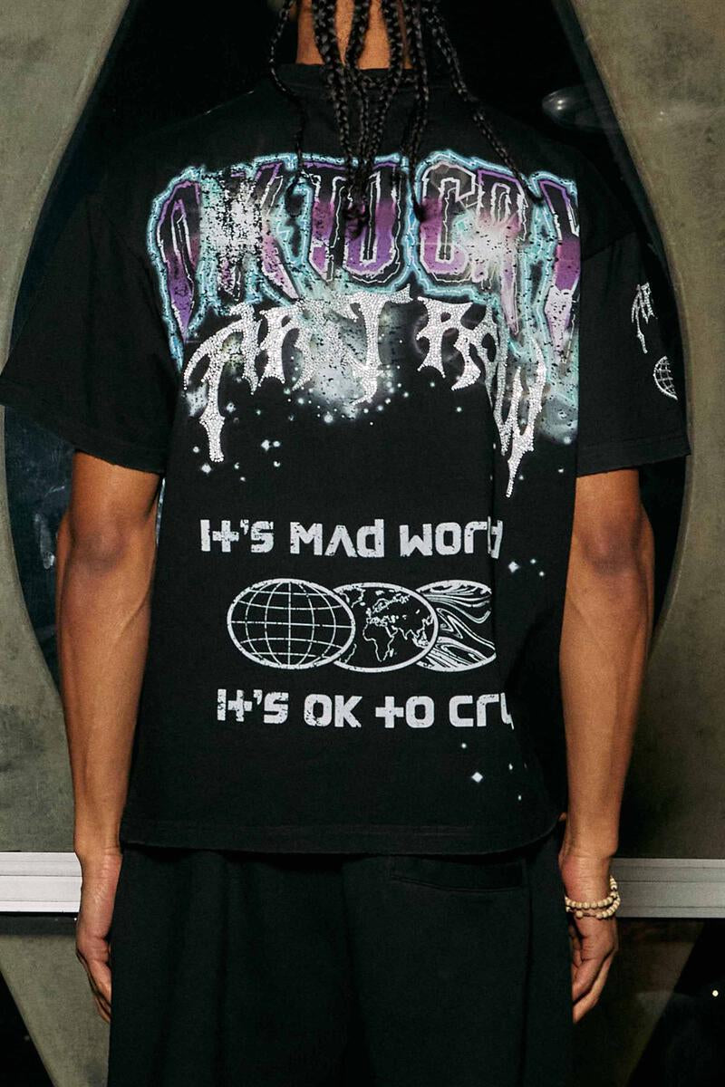 FIRST ROW IT'S MAD WORLD, OK TO CRY SPACE TEE & SHORT SET (BLACK)