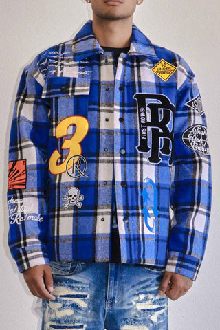 FIRST ROW DENIM RE/THINK MULTI PATCHES SHACKET (BLUE)