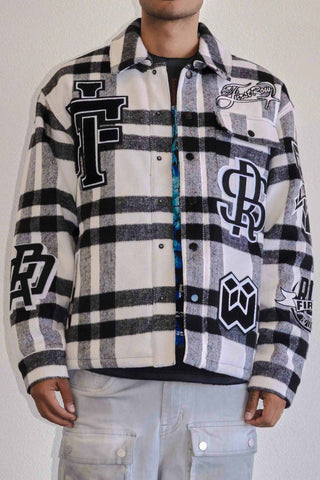 FIRST ROW DENIM ALL OVER LOGO MULTI PATCHES SHACKET (BLACK)