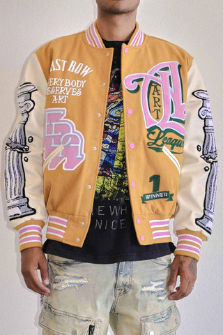 FIRST ROW DENIM ART LEAGUE MULTI PATCHES VARSITY JACKET (MUSTARD)