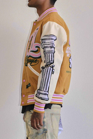 FIRST ROW DENIM ART LEAGUE MULTI PATCHES VARSITY JACKET (MUSTARD)