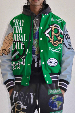 FIRST ROW DENIM GLOBAL PEACE MULTI PATCHES VARSITY JACKET (GREEN)