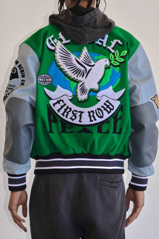 FIRST ROW DENIM GLOBAL PEACE MULTI PATCHES VARSITY JACKET (GREEN)