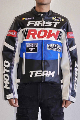 FIRST ROW DENIM CONTRAST MOTOR RACING LEATHER JACKET (BLACK)