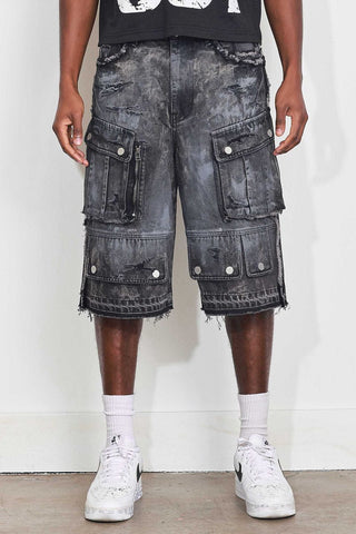First Row WASHED MULTI CARGO DENIM JORTS