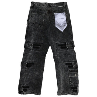 First Row WASHED MULTI CARGO DENIM Y2K PANTS