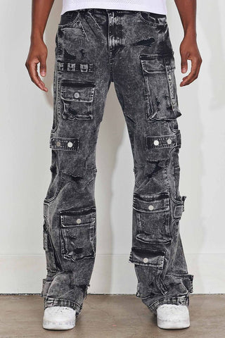 First Row WASHED MULTI CARGO DENIM Y2K PANTS
