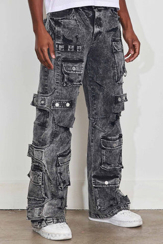 First Row WASHED MULTI CARGO DENIM Y2K PANTS
