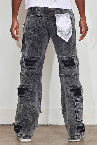 First Row WASHED MULTI CARGO DENIM Y2K PANTS