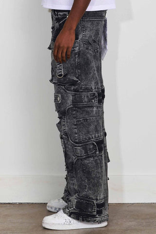 First Row WASHED MULTI CARGO DENIM Y2K PANTS