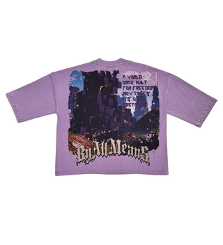 Stray wide & crop fit w/ 3/4 sleeve tshirt (PURPLE)
