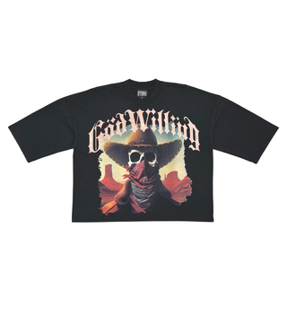 Stray wide & crop fit w/ 3/4 sleeve tshirt (BLACK)