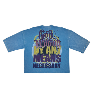 Stray wide & crop fit w/ 3/4 sleeve tshirt (Blue)
