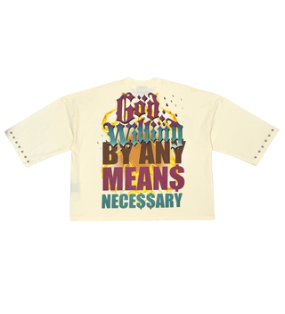 Stray wide & crop fit w/ 3/4 sleeve tshirt (CREAM)