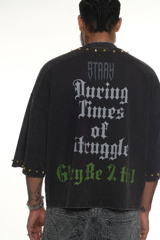 Stray wide & crop fit w/ 3/4 sleeve tshirt (BLACK)