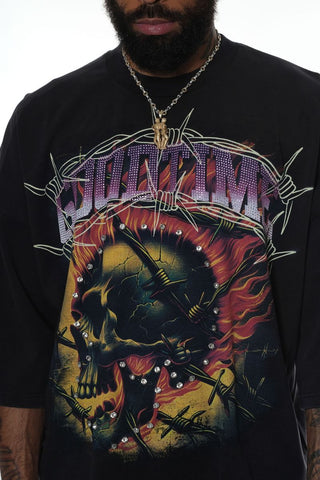 Stray wide & crop fit w/ 3/4 sleeve tshirt (BLACK / PURPLE)