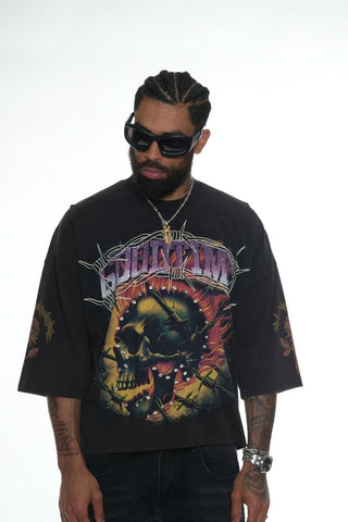 Stray wide & crop fit w/ 3/4 sleeve tshirt (BLACK / PURPLE)