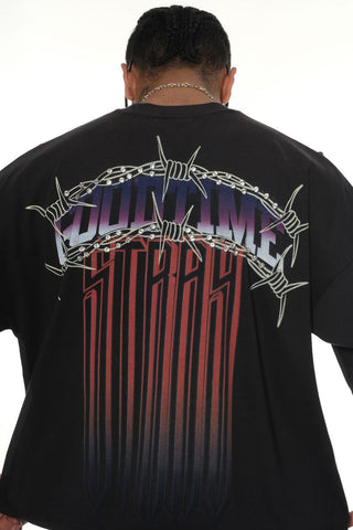 Stray wide & crop fit w/ 3/4 sleeve tshirt (BLACK / PURPLE)