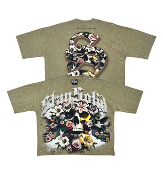 Stray Stay solid 3 skull wide & crop fit tee (Olive)