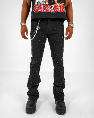 PREME DENIM JAQUARD PATTERN WEAVE WITH CRYSTAL STONES (BLACK WASH)