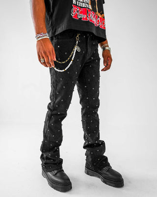 PREME DENIM JAQUARD PATTERN WEAVE WITH CRYSTAL STONES (BLACK WASH)