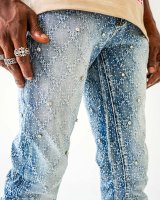 PREME DENIM JAQUARD PATTERN WEAVE WITH CRYSTAL STONES (LIGHT INDIGO)