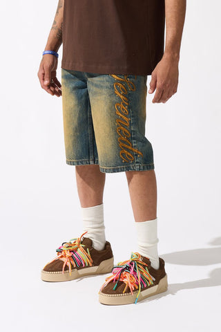 SERENEDE Side Script Dark Denim Shorts
