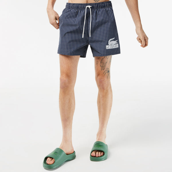 Lacoste Men’s Recycled Polyester Checked Swim Trunks (NAVY)