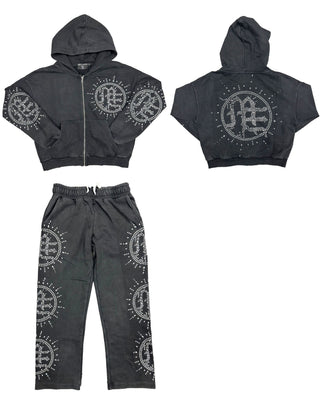 Mixed Emotion Eclipse’ Grey Acid Wash Rhinestone Hoodie & Sweats