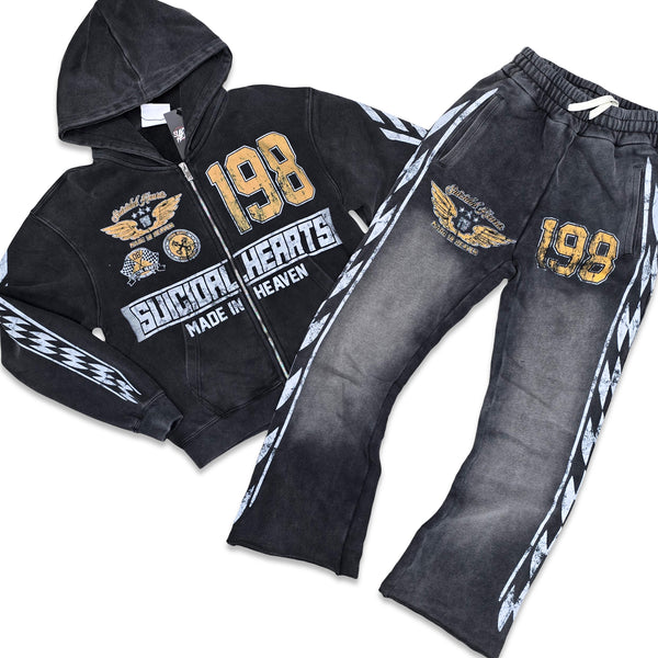SUICIDAL HEARTS MADE IN HEAVEN HOODIE AND JOGGER SET (BLACK WASH)