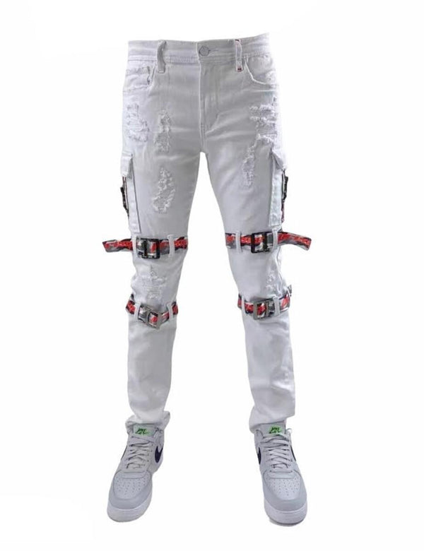 Preme Denim Cargo Strap Jeans (White)
