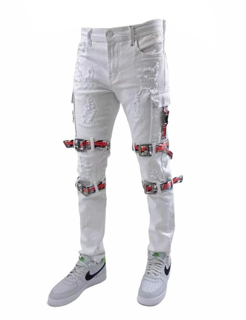 Preme Denim Cargo Strap Jeans (White)