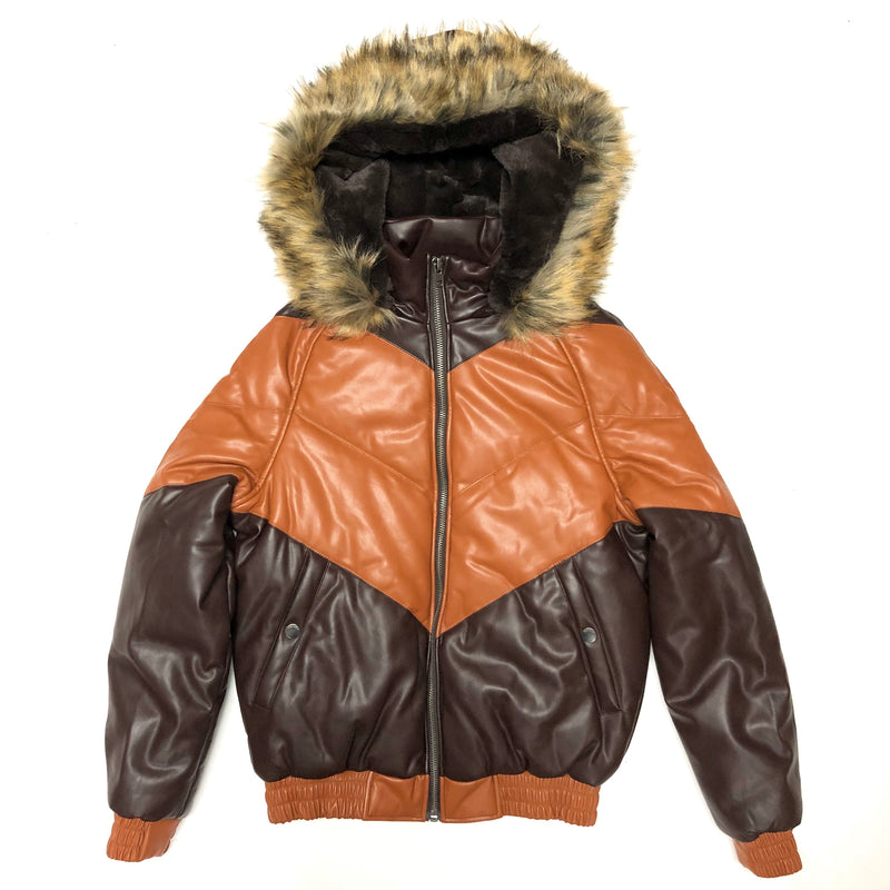 Dakoma Men Colorblock Leather Jacket W/Fur Hood (Brown/Rust)
