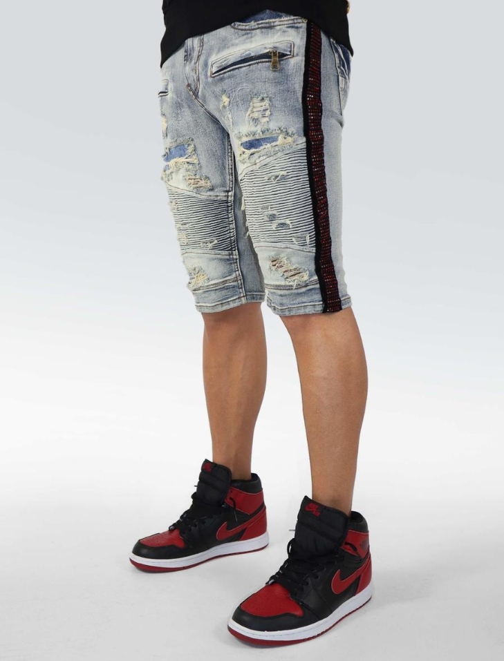 Preme Denim Side Rhinestone Stripe Shorts (Male Indigo/Red)