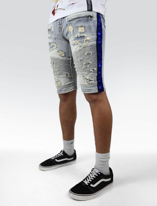 Preme Denim Side Rhinestone Stripe Shorts (Itacha Indigo/Blue)
