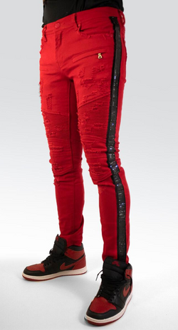 Preme Denim Rhinestone Red Jeans (Black Stripe)