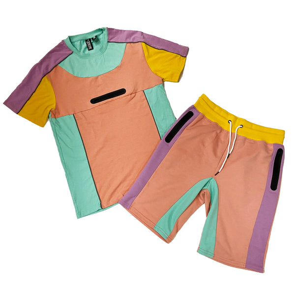 Genuine Color Block Shirt and Short Set (Pink/Lavender/Mint)