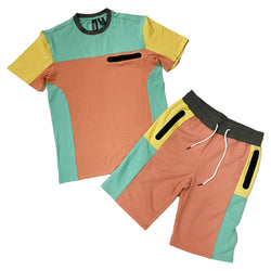 Genuine Color Block Shirt and Short Set (Mint/Peach/Yellow)