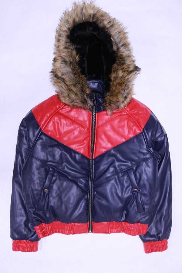 DAKOMA Women Colorblock Leather Jacket W/Fur Hood (Navy/Red)