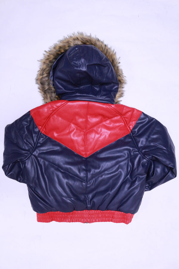 DAKOMA Women Colorblock Leather Jacket W/Fur Hood (Navy/Red)