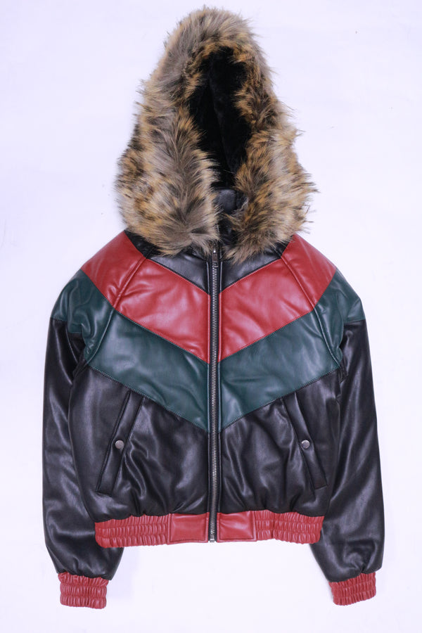 DAKOMA Women Colorblock Leather Jacket W/Fur Hood (Black/Red/Green)