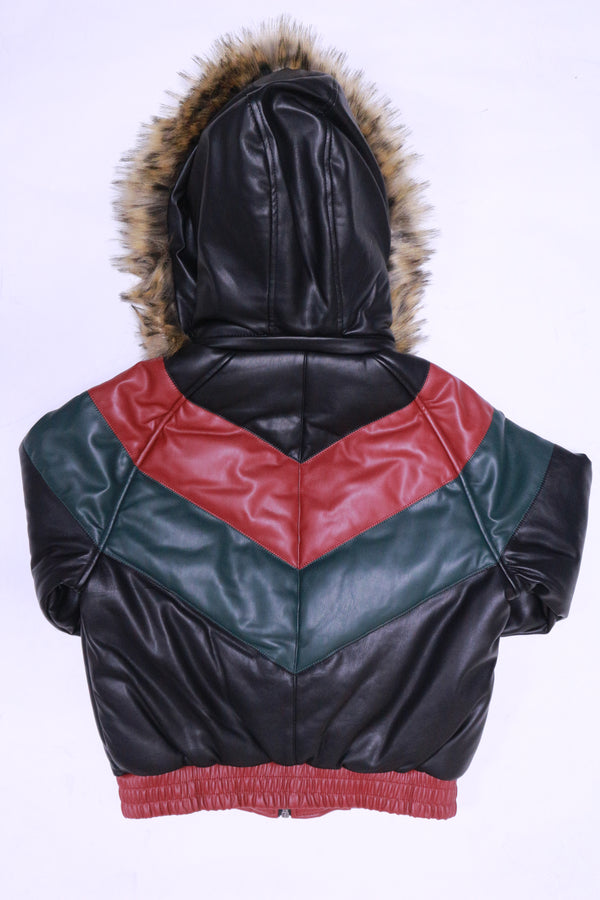 DAKOMA Women Colorblock Leather Jacket W/Fur Hood (Black/Red/Green)